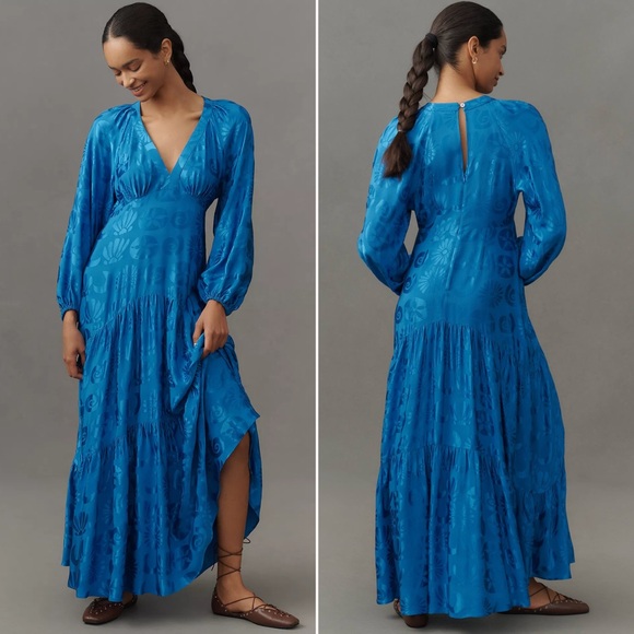 FARM Rio Dresses & Skirts - NWT | Farm Rio | Long-Sleeve V-Neck Jacquard Maxi Dress in Seashell Sky | Sz S